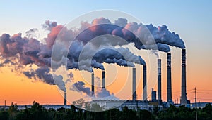 Factory chimneys emit carbon emissions into dense smog, depicting environmental impact of pollution.