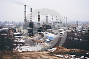 Factory chimneys pollute air, coat area in soot, people wear masks in industrial zone