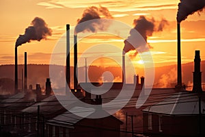 factory chimneys at sunrise, smoke silhouetted against the morning light