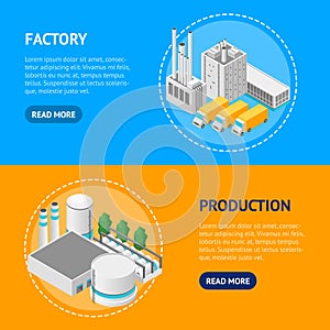 Factory Concept Banner Horizontal Set 3d Isometric View. Vector