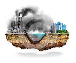 Factory. The concept of global disaster. Earth with geological soil cross section