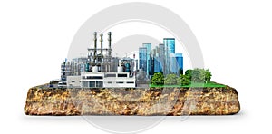 Factory. The concept of global disaster. Earth with geological soil cross section