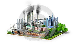 Factory. The concept of global disaster. Earth with geological soil cross section