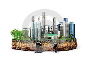 Factory. The concept of global disaster. Earth with geological soil cross section