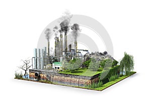 Factory. The concept of global disaster. Earth with geological soil cross section