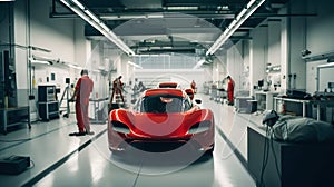 Factory construction engineering works of a modern red sport car in big workshop. Generative AI