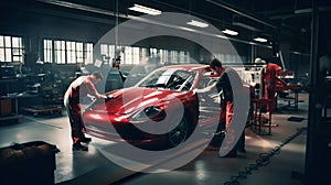 Factory construction engineering works of a modern red sport car in big workshop. Generative AI