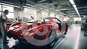 Factory construction engineering works of a modern red sport car in big workshop. Generative AI