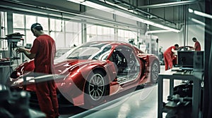 Factory construction engineering works of a modern red sport car in big workshop. Generative AI