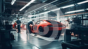 Factory construction engineering works of a modern red sport car in big workshop. Generative AI