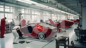 Factory construction engineering works of a modern red sport car in big workshop. Generative AI