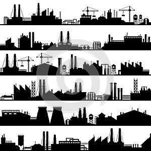 Factory construction silhouette. Industrial factories, refinery panorama and manufacture buildings skyline vector