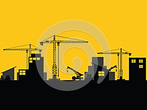 Factory construction site mobile cranes city silhouette