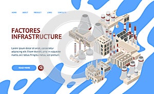 Factory Constructions or Buildings Concept Card 3d Isometric View. Vector