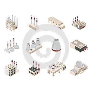 Factory Constructions or Buildings Concept Set 3d Isometric View. Vector