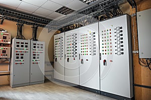 Factory control panel with buttons and switches, special industrial electronic equipment