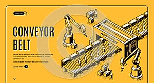 Factory conveyor belt landing page. Robotic arms.