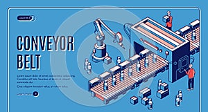 Factory conveyor belt landing page. Robotic arms.