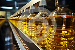 Factory conveyor line filling bottles with sunflower and vegetable oil in close up