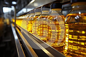 Factory conveyor line filling bottles with sunflower and vegetable oil in close up