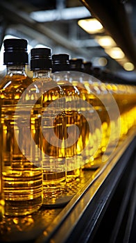 Factory conveyor line filling bottles with sunflower and vegetable oil in close up