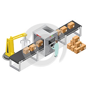 Factory Conveyor System Belt Isometric View. Vector