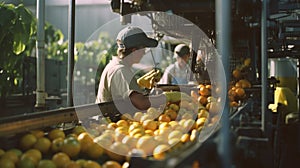 a factory, diligently sorting oranges on a conveyor belt, ensuring the quality of the fruit for further processing or packaging