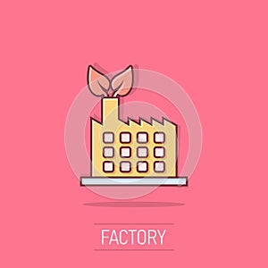 Factory ecology icon in comic style. Eco plant cartoon vector illustration on isolated background. Nature industry splash effect