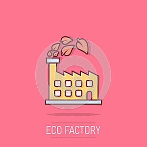 Factory ecology icon in comic style. Eco plant cartoon vector illustration on isolated background. Nature industry splash effect