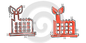 Factory ecology icon in comic style. Eco plant cartoon vector illustration on white isolated background. Nature industry splash