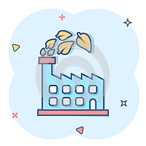 Factory ecology icon in comic style. Eco plant cartoon vector illustration on white isolated background. Nature industry splash