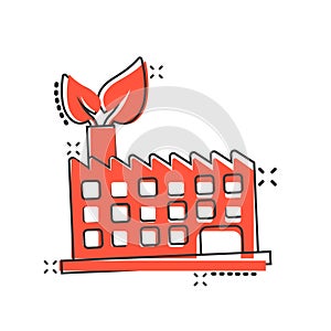 Factory ecology icon in comic style. Eco plant cartoon vector illustration on white isolated background. Nature industry splash
