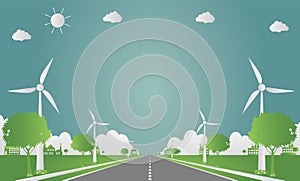 Factory ecology,Industry icon,Wind turbines with trees and sun Clean energy with road eco-friendly concept ideas. illustrati