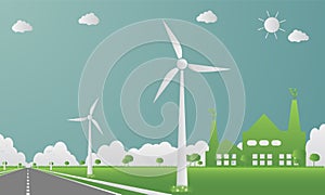 Factory ecology,Industry icon,Wind turbines with trees and sun Clean energy with road eco-friendly concept ideas. illustrati