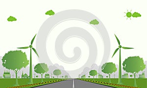 Factory ecology,Industry icon,Wind turbines with trees and sun Clean energy with road eco-friendly concept ideas.vector illustrati