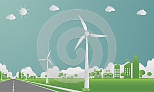Factory ecology,Industry icon,Wind turbines with trees and sun Clean energy with road eco-friendly concept ideas.vector illustrati photo