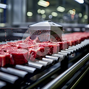 Factory efficiency Industrial machine processes raw beef for steak production