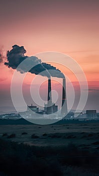 Factory emits smoke, polluting natures atmosphere at dusk photo