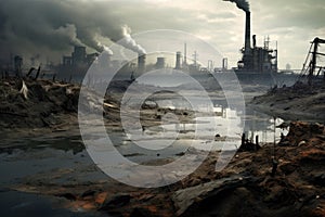 A factory emitting smoke into the air, causing pollution and environmental harm, Industrial landscape featuring a polluted river,