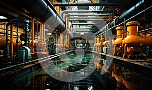 Factory engine modern room. Power industrial pipie equipment. Generative AI