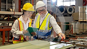 Factory engineer conduct quality control on metal product. Exemplifying