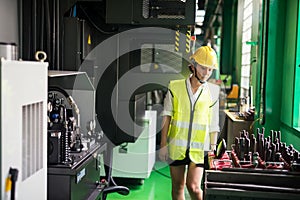 Factory female inspector check machine equipment