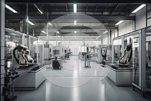 factory floor with cobots working on assembly line and humans in the background