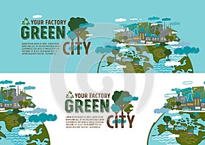 Factory in the green city banner concept