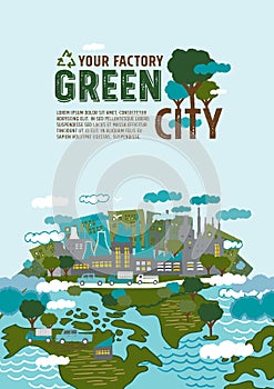 Factory in the green city poster concept