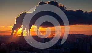 Factory of heat engineering chimney with clouds