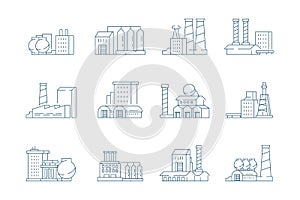 Factory icon. Industrial energy production building with big pipe steam factory vector linear symbols