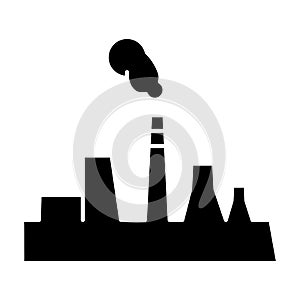 Factory icon. Vector industrial building with smoke. Black silhouette of manufacturing object. Plant for industrial design