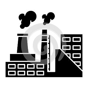 Factory icon. Vector industrial building with smoke. Black silhouette of manufacturing object. Plant for industrial design