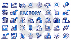 Factory icons in line design, blue. Industry, manufacturing, work, technology, industrial, smart factory, conveyor
